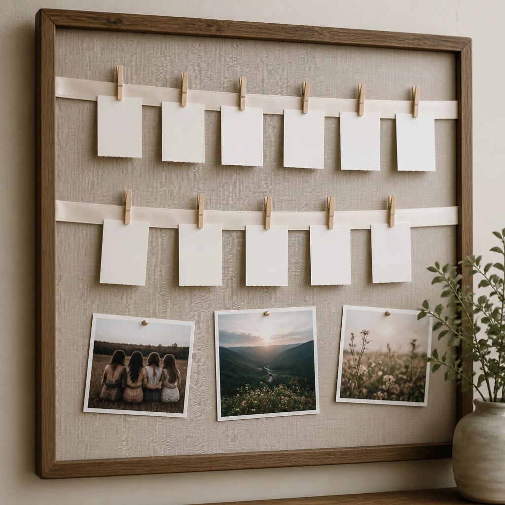 A board with two horizontal satin ribbon lines; small cardstock prayer requests hang from mini clothespins, with a few photos pinned beneath the ribbon.