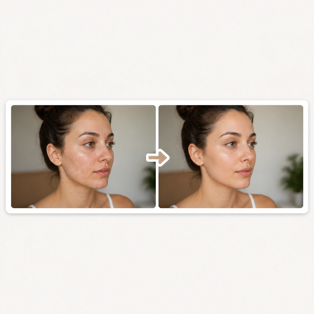 A long horizontal strip labeled “Answered” with paired photo cards: a “before” image on the left and a “after” image on the right, connected by a simple arrow sticker.