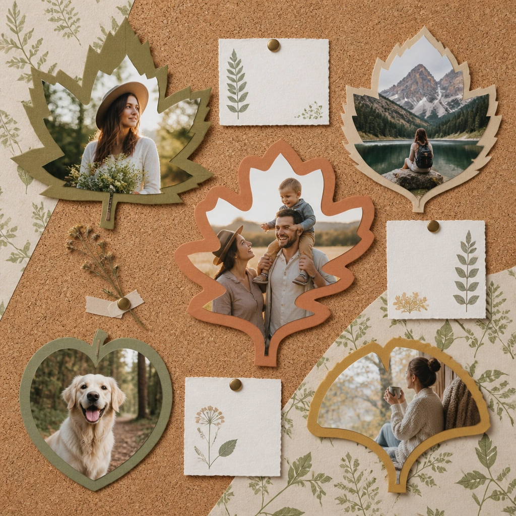 A corkboard-style background with pressed-leaf patterned paper accents; several photos are framed by DIY leaf-shaped cutouts, and small verse cards sit in between.