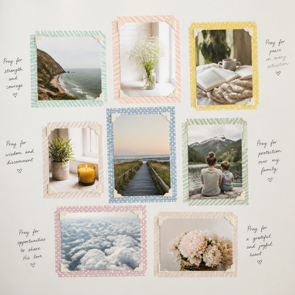 A white board with several photos each outlined by different pastel washi tape strips; the photos are mounted with small corners and handwritten prayer words in the margins.