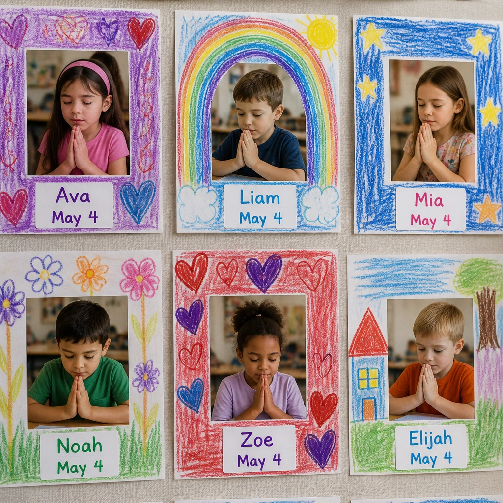 A colorful section of the board with child-drawn crayon frames around printed prayer photos; each frame has a name label and a date in marker.