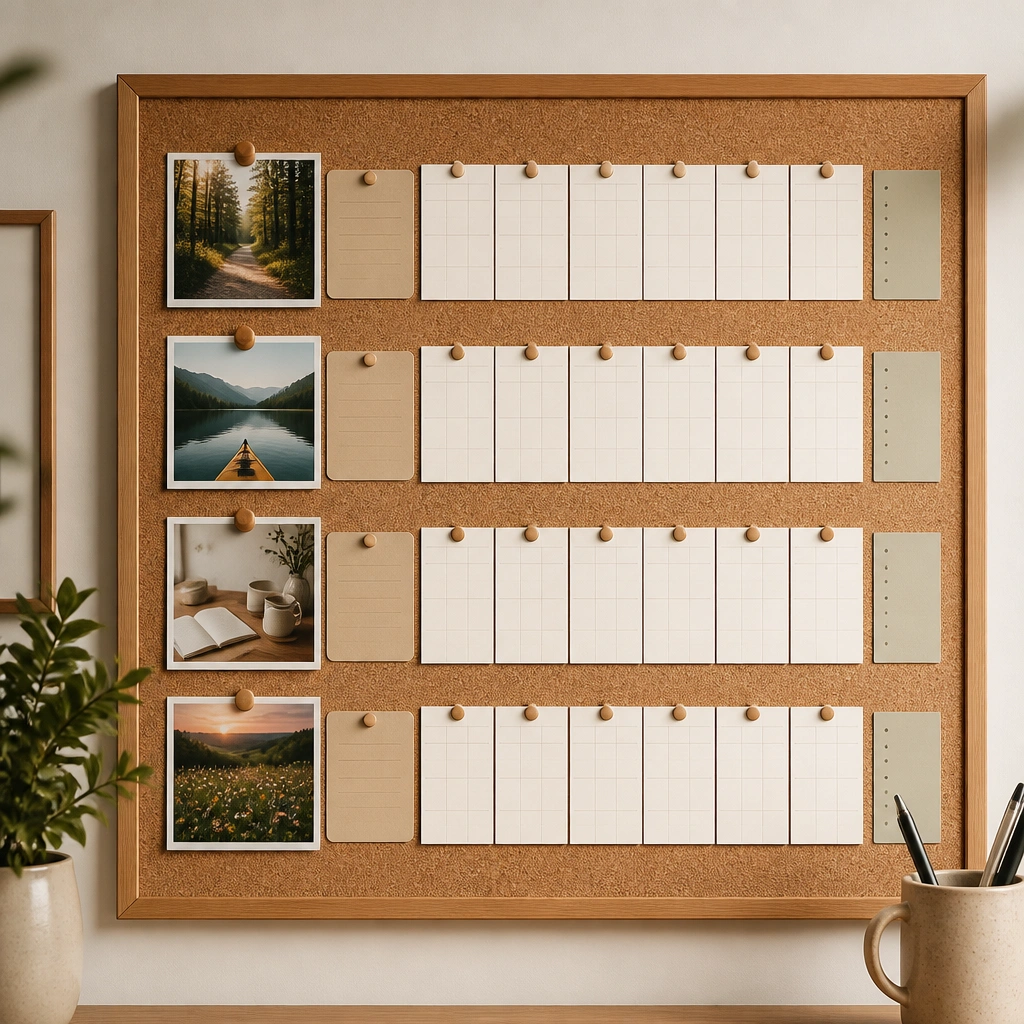 A calendar layout on a cork board with 4-week blocks; each week has a small photo pin and a tiny card that reads the week’s focus in neat handwriting.