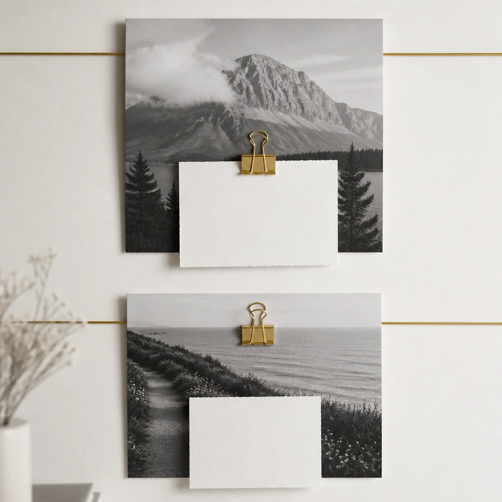Black-and-white photos arranged vertically; each photo has a short quote card in front, clipped with shiny gold binder clips, and a thin gold line runs behind them.