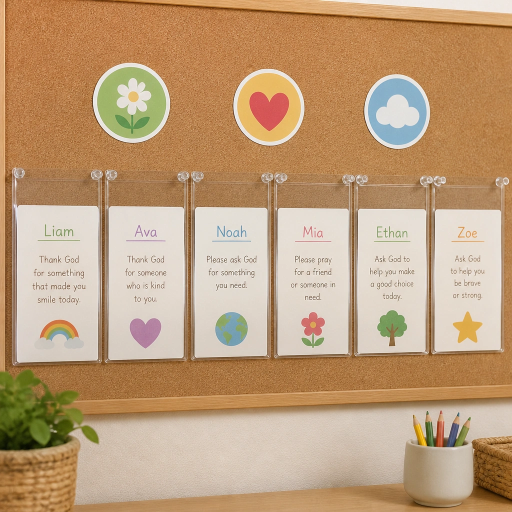 A cork board with a row of clear plastic pocket sleeves. Each pocket holds a small paper card with a child’s name and a prayer prompt. Above pockets are three sticker icons: “Thank You,” “Please,” and “Help Me.”