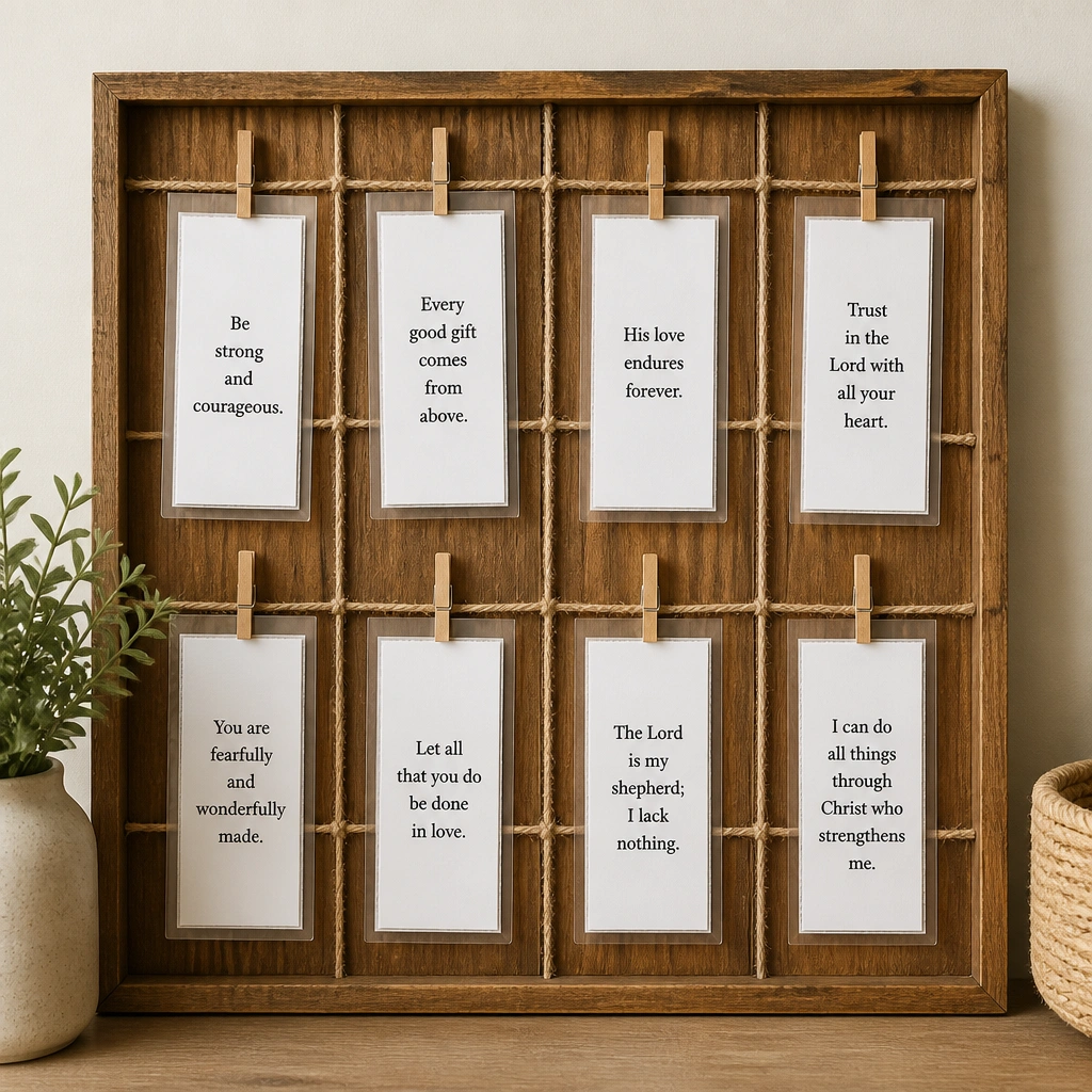 A wooden board with a light jute rope grid across it. Several transparent laminated strips hang from mini clothespins. Each strip has a short verse in bold black text on white paper.