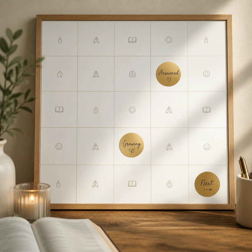 A board with a monthly grid layout. Each square has a tiny icon: a candle, prayer hands, a book, a smile. A few squares are highlighted with gold stickers and the words “Answered,” “Growing,” and “Next.”