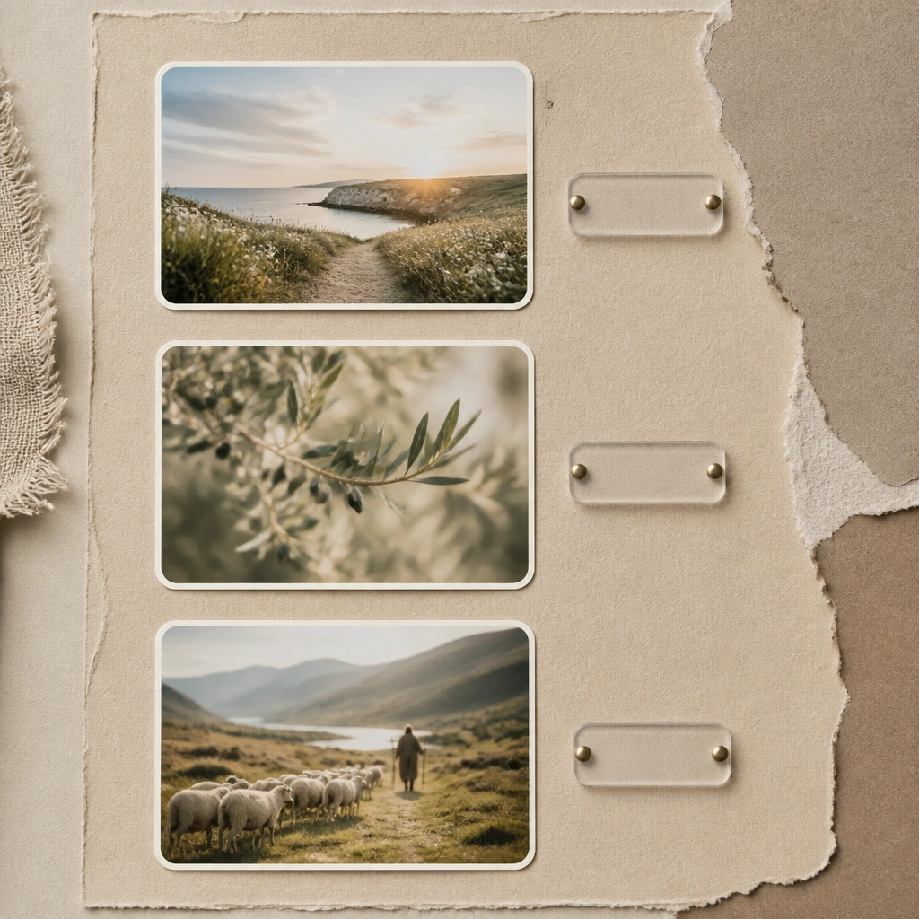 A collage board with three printed photos in rounded rectangles. Beside each photo is a small clear label tab containing a scripture reference. The background is textured craft paper in cream and taupe.