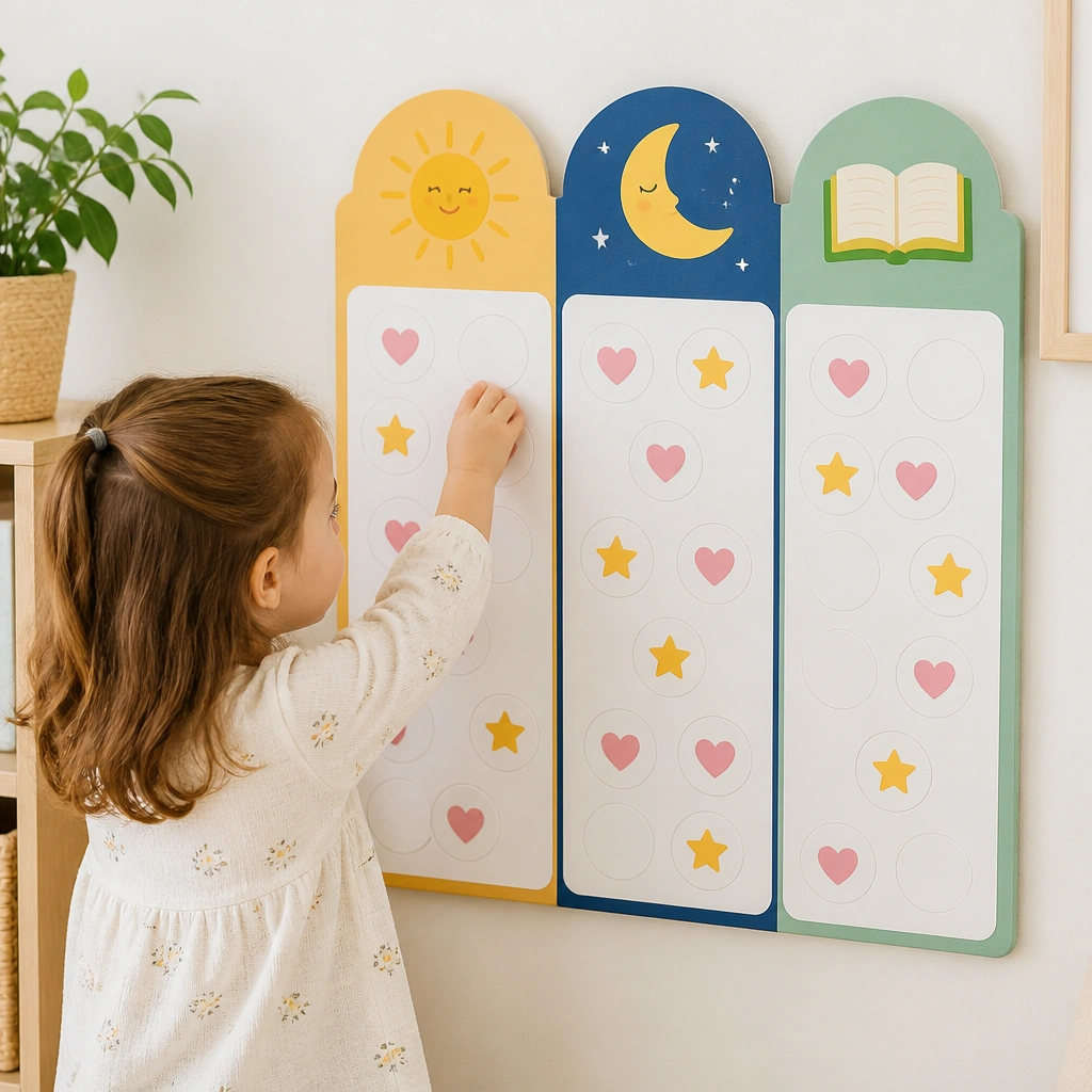 A bright board with sections labeled using icons: a sun for “Morning,” a moon for “Night,” and a book for “Reading.” Each section has sticker circles where kids place “thank you” hearts and “please” stars.