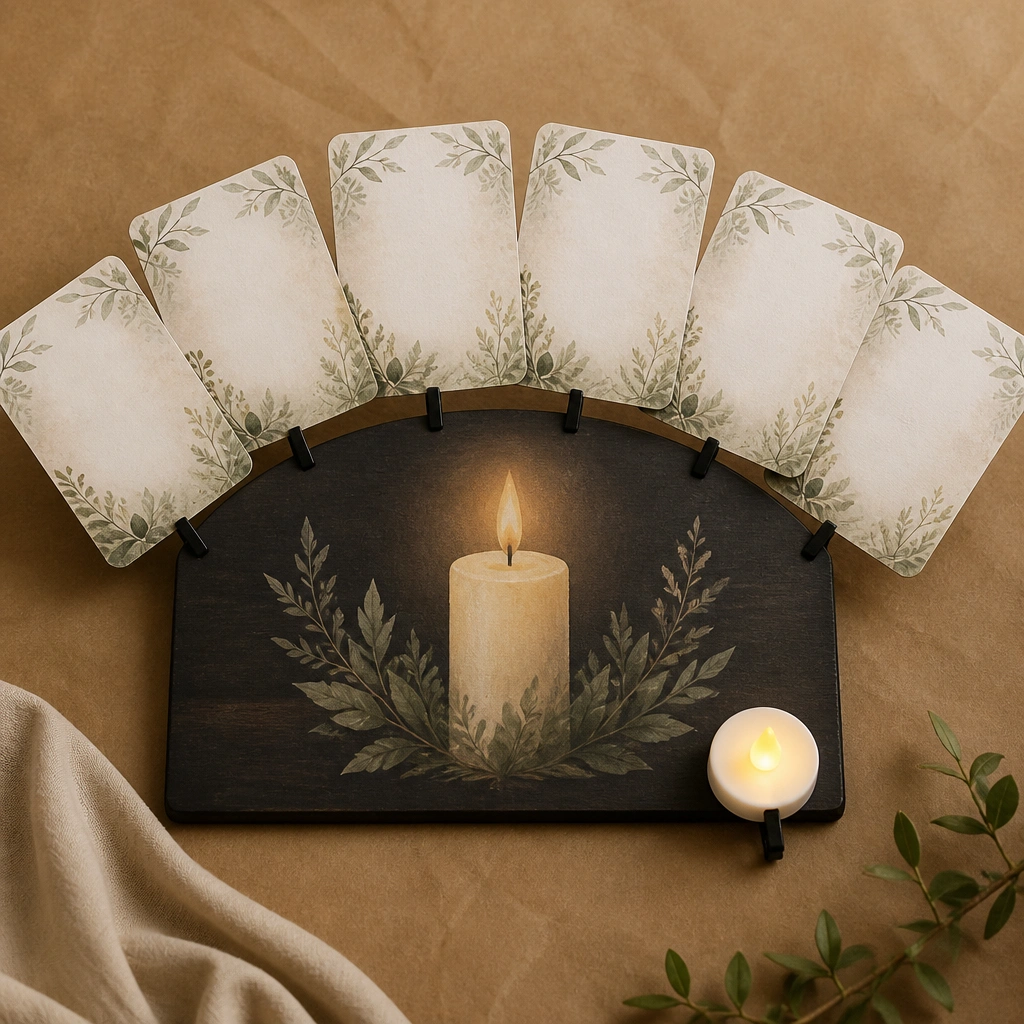 A board decorated with a faux candle illustration and a small LED tea light clipped to a corner. Background uses warm caramel paper. Scripture cards are arranged in a gentle arc shape around the candle image.