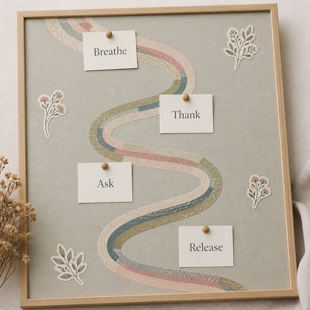 A board with a winding path made from layered washi tape. Along the path are small cards: “Breathe,” “Thank,” “Ask,” and “Release.” The background is light gray with minimal stickers.