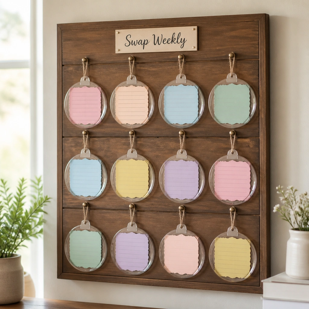 A board hung with transparent ornament-style tags. Each tag has a hole at the top and a string. Inside tags are handwritten request cards in different colors. A small “Swap Weekly” label sits near the top.