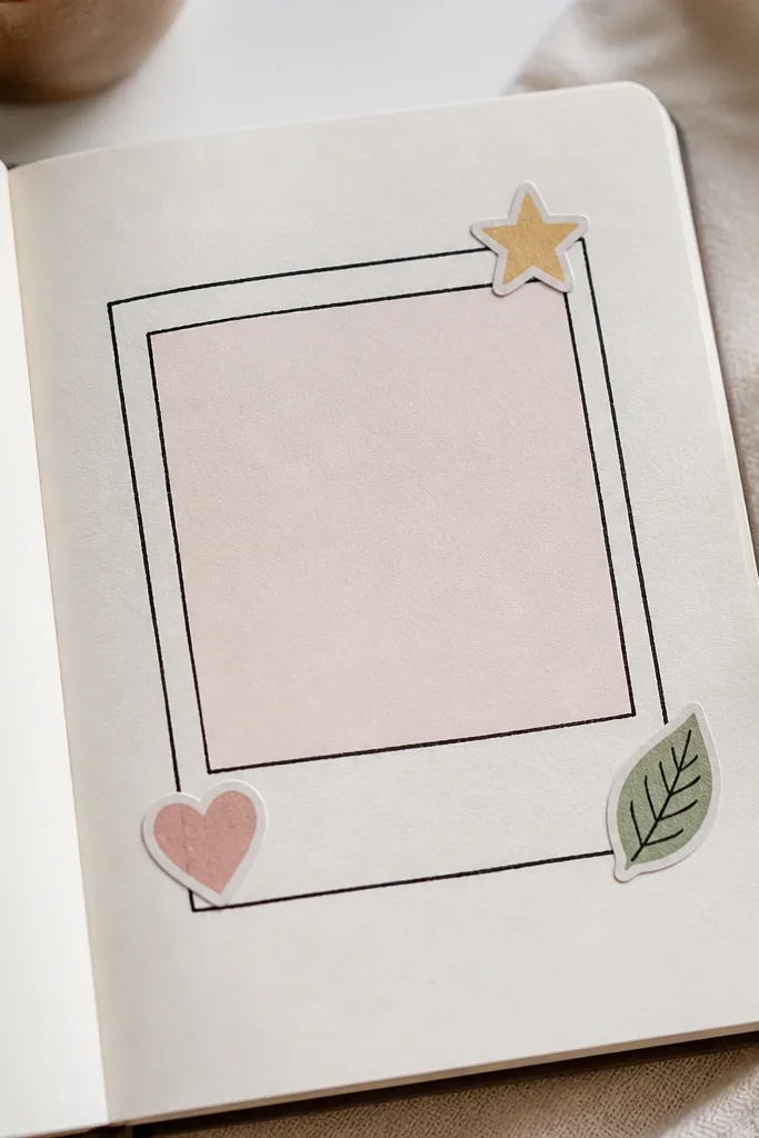 A diary page featuring a hand-drawn rectangle polaroid frame in black ink, a small pastel “photo” area left blank, and three tiny stickers (a star, a heart, and a leaf) tucked like captions.