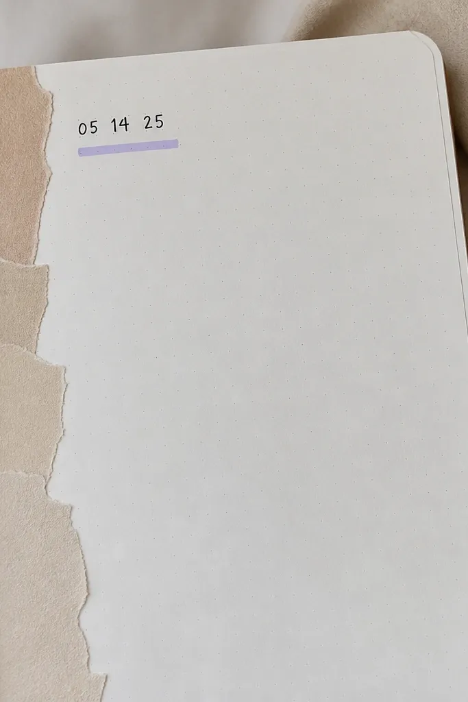 A page bordered on one side with torn beige paper pieces, black date written in a small block, and a single pastel marker underline beneath the date.