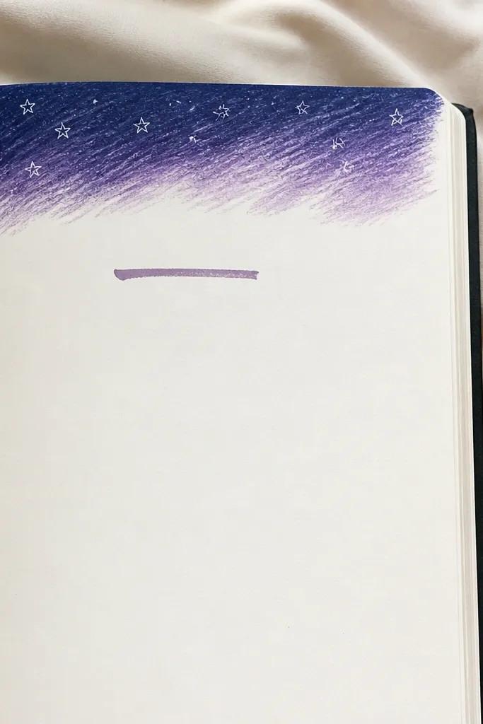 The top header shows a gradient-like scribble in dark navy fading into purple, scattered white gel pen stars, and a single short quote in the center below.