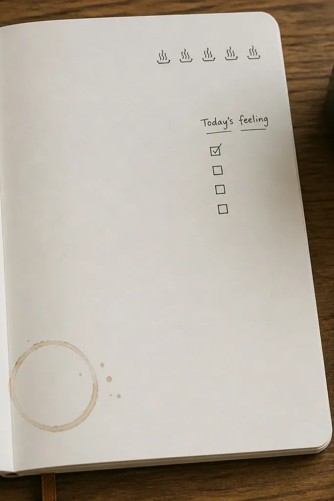 A diary page with a doodled coffee cup ring shape near the bottom-left, a small icon row (steam waves), and a simple checklist labeled “Today’s feeling” with one checked box.