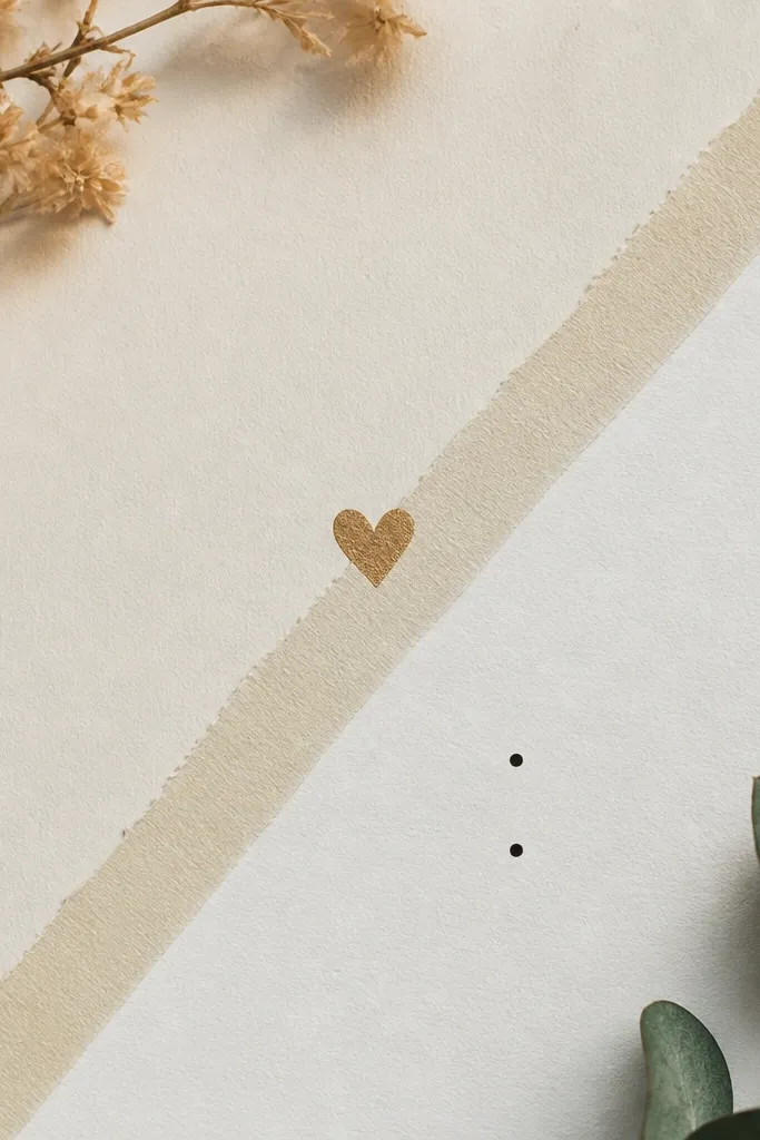 A page split by a diagonal wash tape strip running from top-right to bottom-left, with two short bullet lists under each section and a small heart icon near the center.