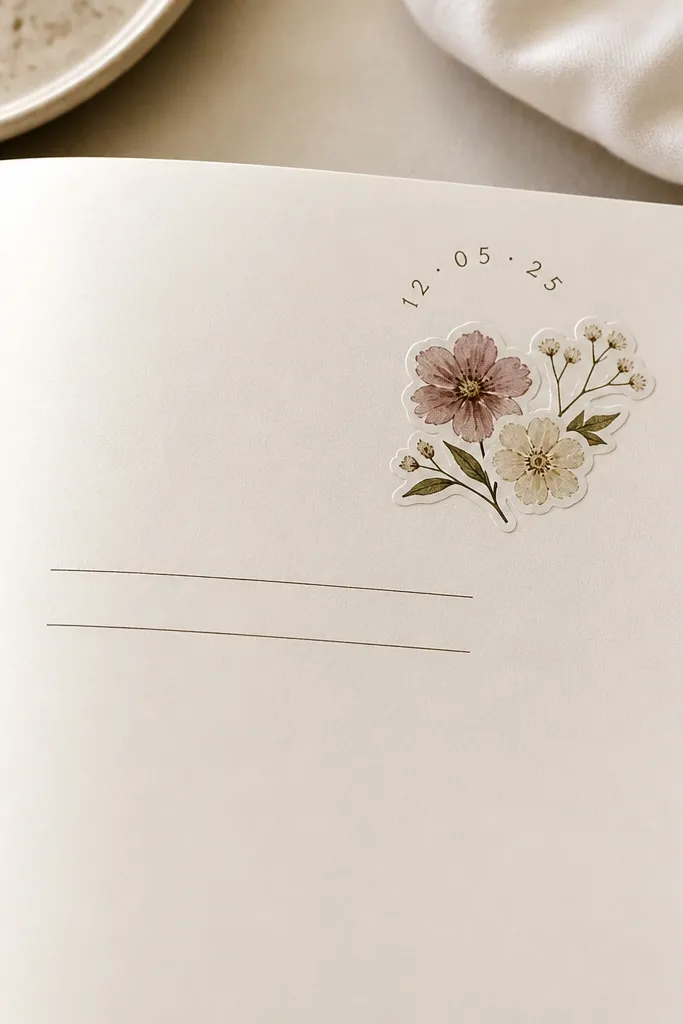 A diary page with a small cluster of floral stickers at the top-right, the date written in a circle-like arc around the stickers, and two short lines of text beneath.