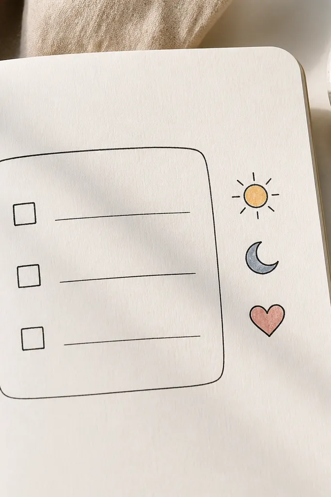 A page with a hand-drawn rounded rectangle checklist, three items written in neat lines, and a mini icon key on the side with a sun, moon, and heart.