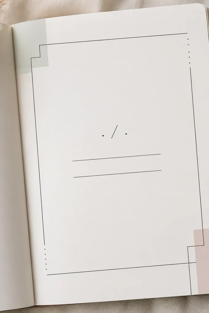 A page with a simple geometric frame drawn in black ink (thin lines), two pastel blocks in the corners, and a small date and two-line entry in the center.