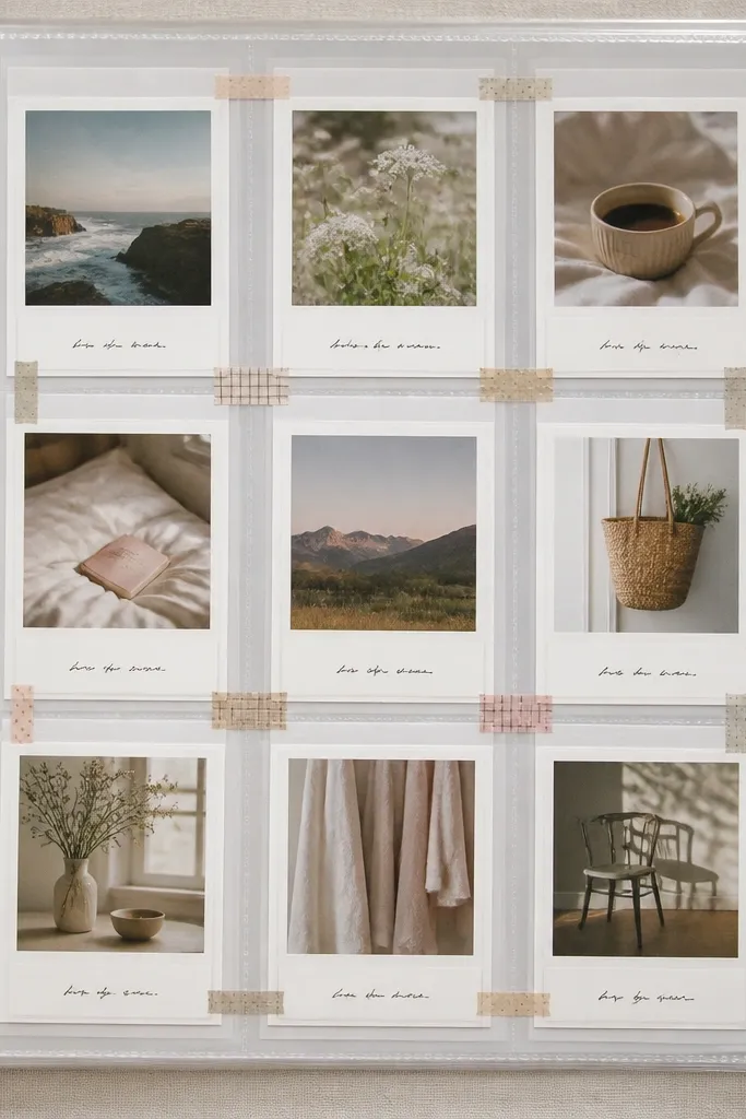 A clear binder page sleeve with a grid of printed rectangles; each section contains a photo and a small handwritten word; washi tape lines connect sections at the top and sides.
