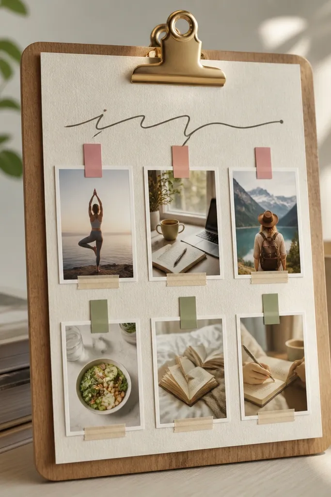 A small wooden clipboard holding a cardstock page; multiple sticky tabs (in two colors) mark different goals, with photos taped beneath each tab and a handwritten title at the top.