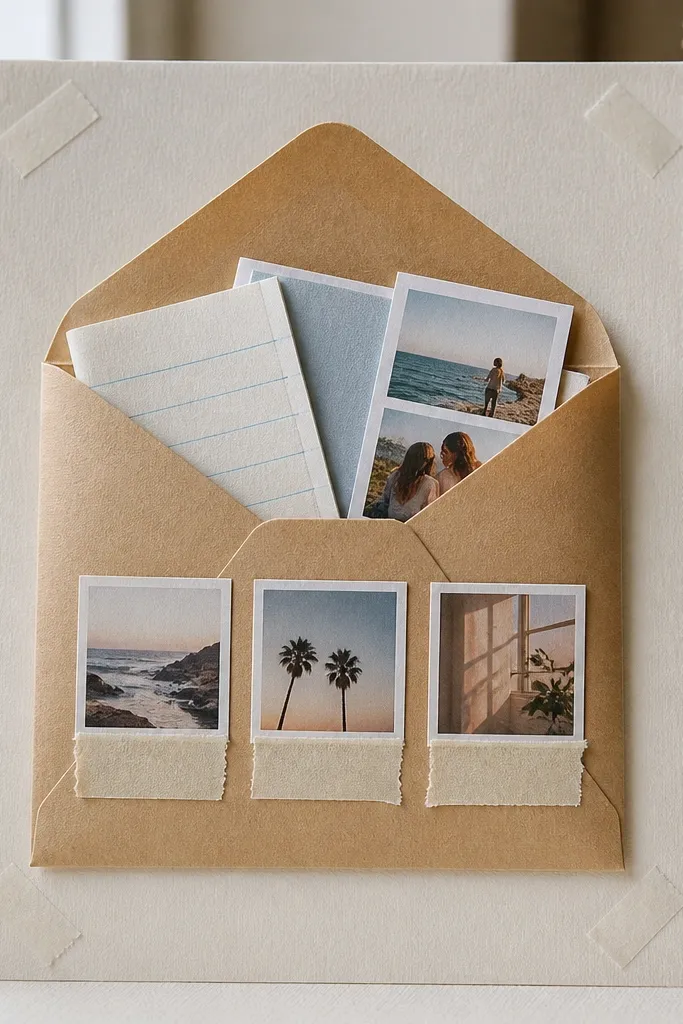 A small paper envelope taped to a cardstock base; inside are folded notes and tiny photo strips; the outside shows three visible thumbnails with short handwritten labels.