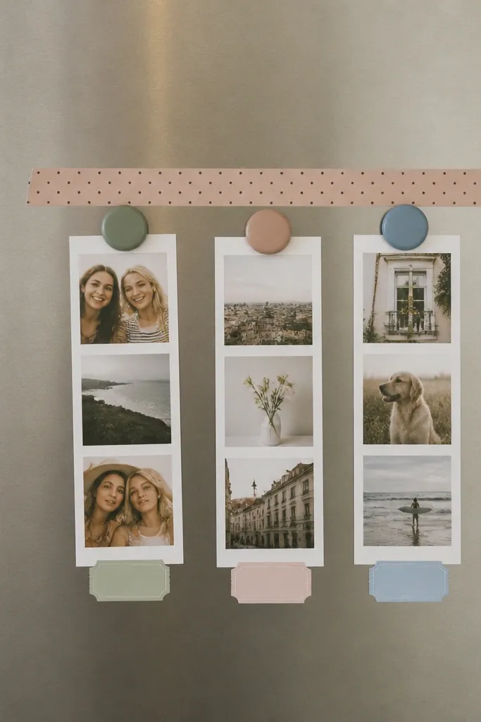 Three photo strips attached to a metal fridge with magnets; washi tape forms a straight line above them; each photo has a small label sticker beneath.