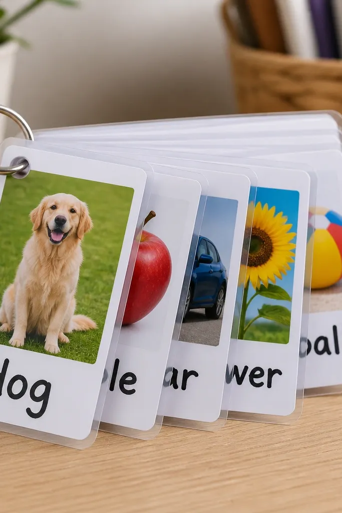 A set of laminated mini cards on a desk; each card shows one photo and a bold word written with a marker; the cards are arranged like a small standing fan.