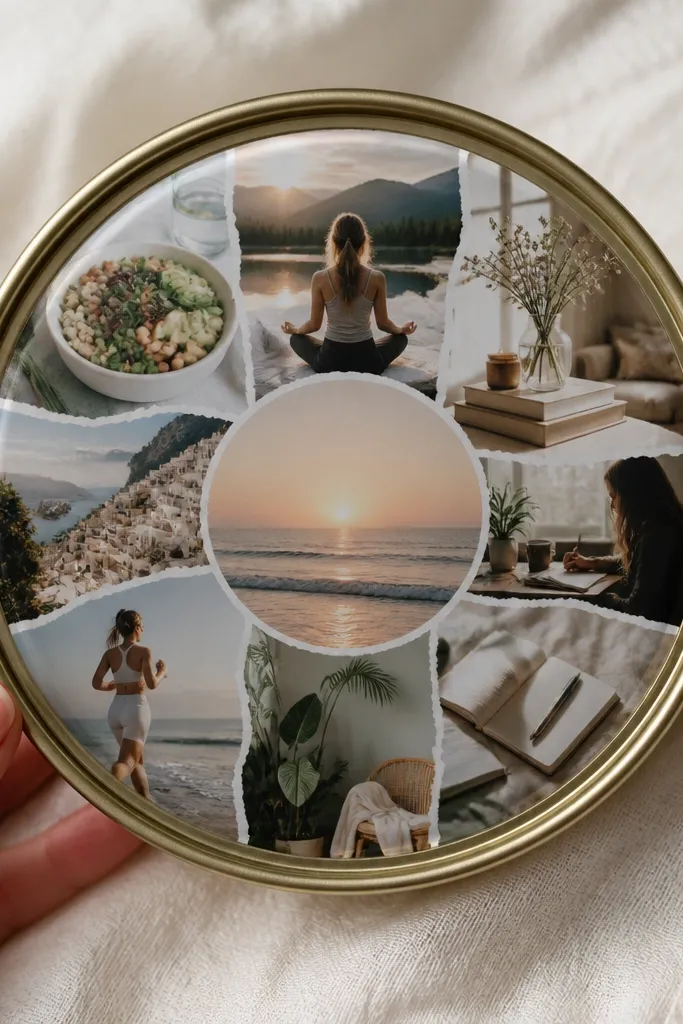 A circular jar lid turned into a mini vision board; photos are arranged around the edge with a central word label; clear contact paper covers the surface.