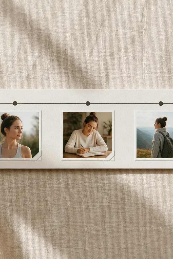 A long strip of cardstock with a left-to-right arrow; three photo cutouts sit under “Now,” “This Month,” and “Next,” with small dates written in the corners.