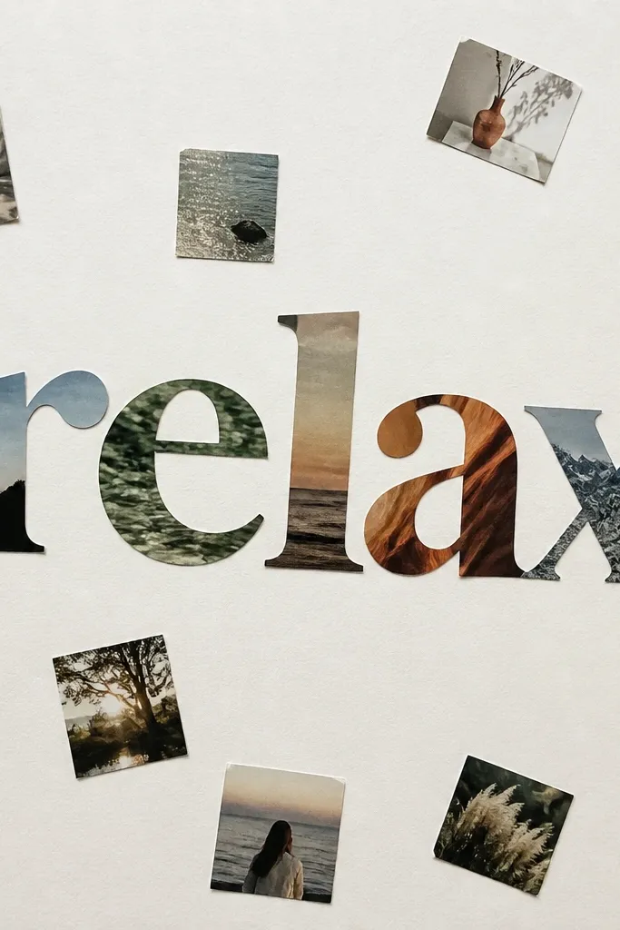 A clean cardstock background with one large word cut from a magazine; smaller photos are placed around the word like confetti; everything is secured with glue stick.