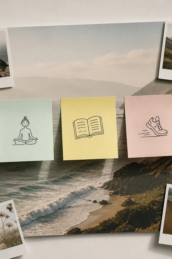 A cardstock sheet with a photo background; three post-it notes are stuck on top, each with a handwritten habit; small photo squares are taped at the corners.