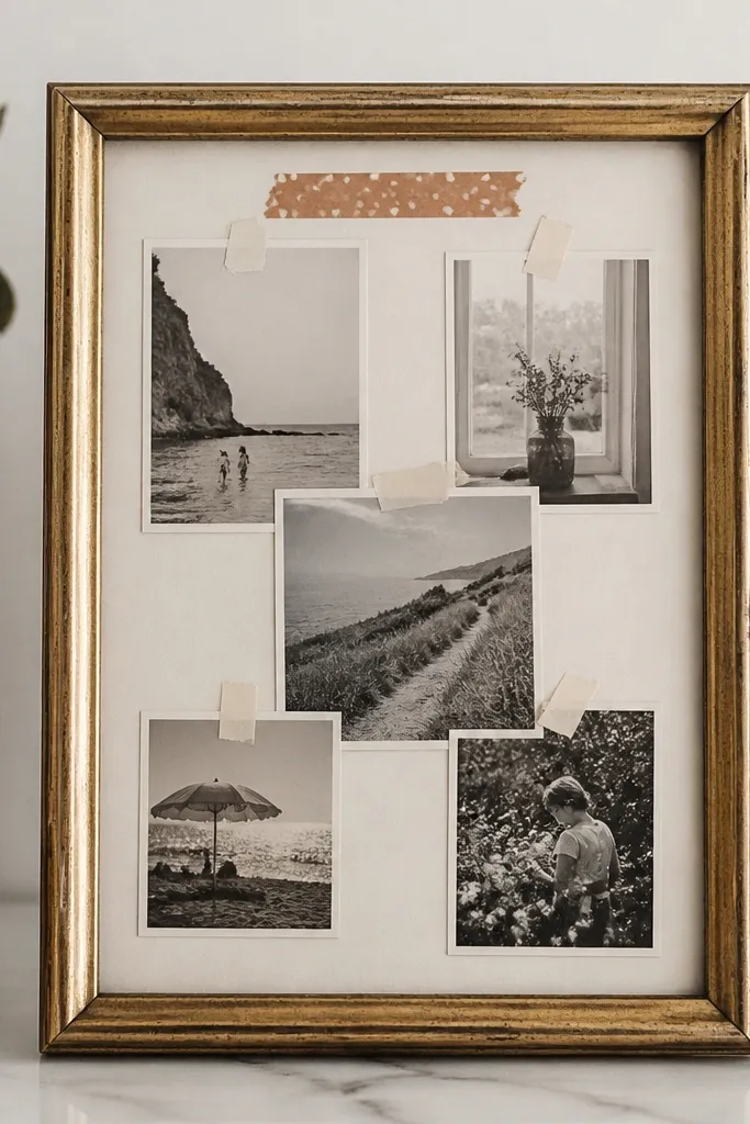 A small thrifted frame with a clean backing board; photos are taped in a collage pattern; a strip of washi tape holds a handwritten title at the top.