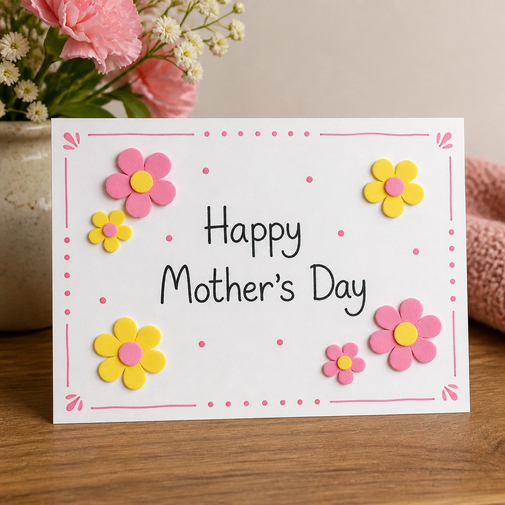 A white cardstock rectangle covered with a few foam flower stickers in pink and yellow, plus a neat handwritten “Happy Mother’s Day” message centered underneath. Small dots and a simple border are drawn with a marker.