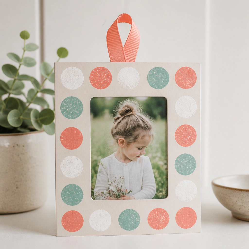 A small picture frame made from cardstock with a cutout window. The border is decorated with round paint stamps in a grid pattern, in colors like coral, teal, and white, with a ribbon loop on top.