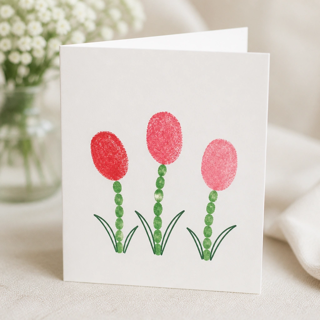 A folded card front featuring three tulips: each tulip has a thumbprint bloom in red/pink, with green thumbprint stems and small curved leaves drawn in marker. The inside has a blank area for a message.