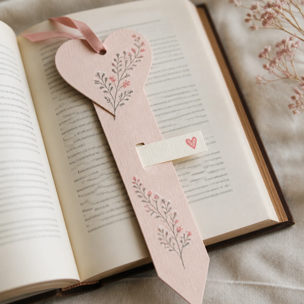 A long paper bookmark shaped like a heart at the top and a pointed bottom. A small ribbon tail hangs from the heart. Near the center, a narrow strip of paper shows a hidden “mom” message when pulled slightly.