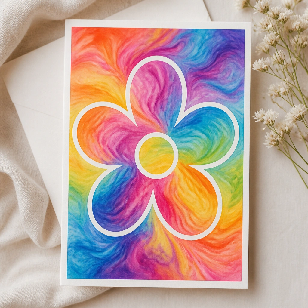 A colorful card front with a marbled effect in swirls of melted crayon, shaped into a simple flower outline. The colors blend smoothly like tie-dye with a white border around the flower.