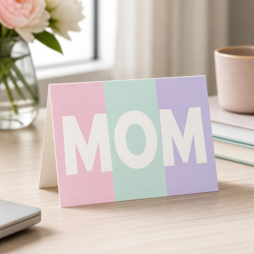 A small desk sign that stands upright: a cardstock rectangle with the word “MOM” in big block letters. Behind the letters are three color blocks in pastel pink, mint, and lavender. A folded stand supports it.