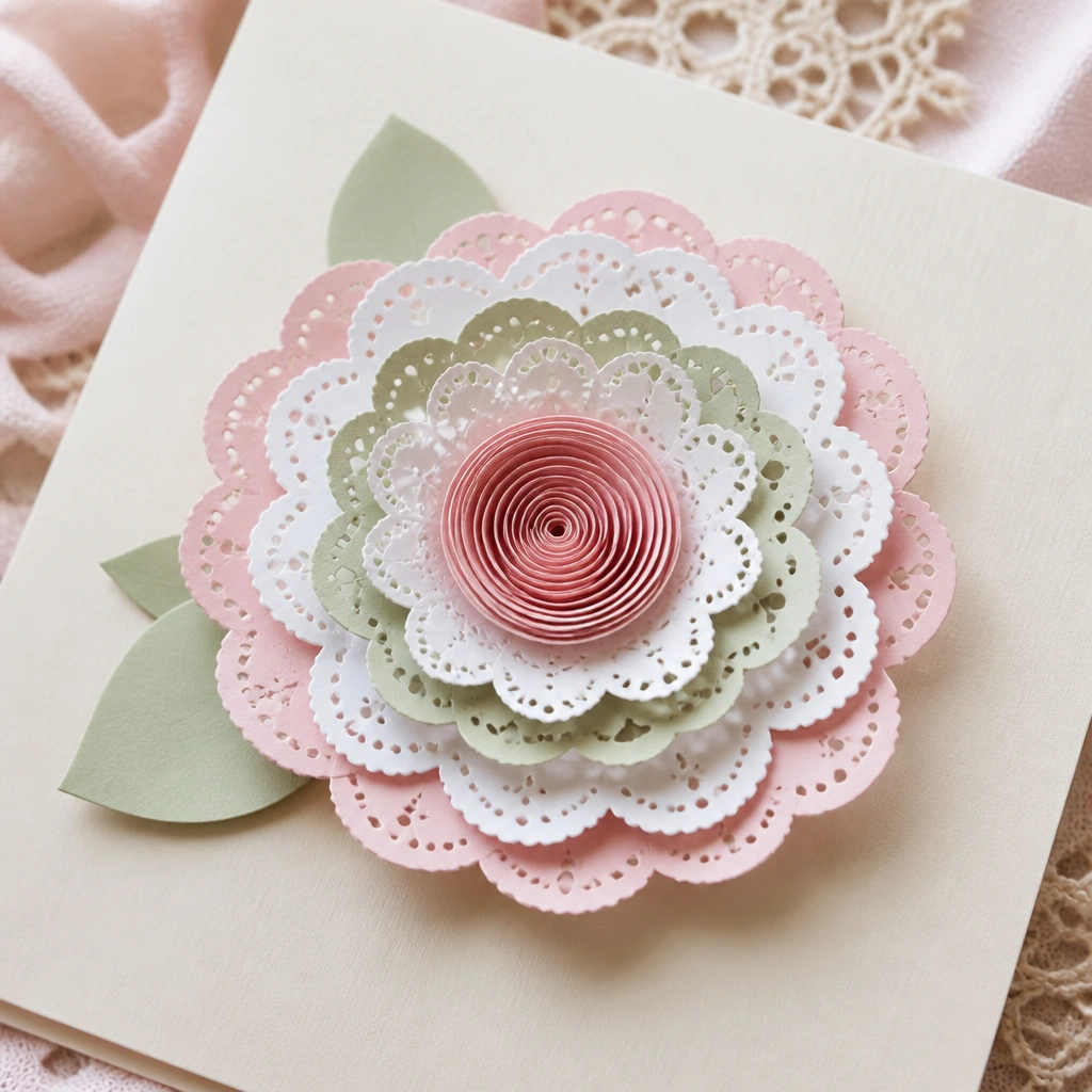 A paper flower that looks like a mini doily: layered scalloped circles in white and pastel colors around the edges, with a twisted paper center rolled into a tight spiral. It sits on a card background.