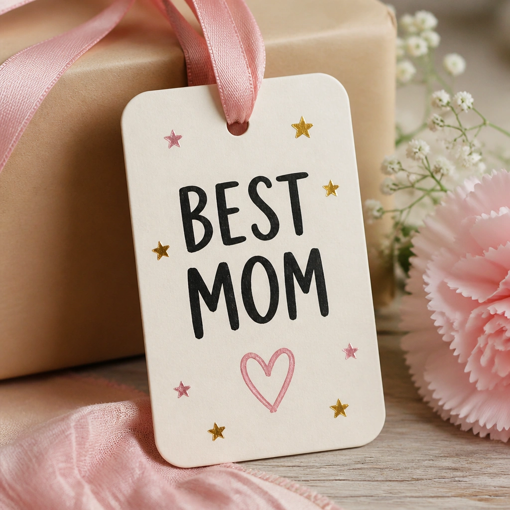 A rectangular cardstock tag with rounded corners that hangs from a ribbon loop. The front says “BEST MOM” in bold letters, with a small heart doodle and tiny star stickers scattered around.