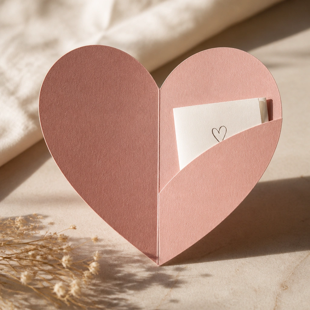 A folded heart shape card standing open slightly, with a small pocket area where a folded message note is tucked. The heart has a clean fold line and a handwritten message peeking out.