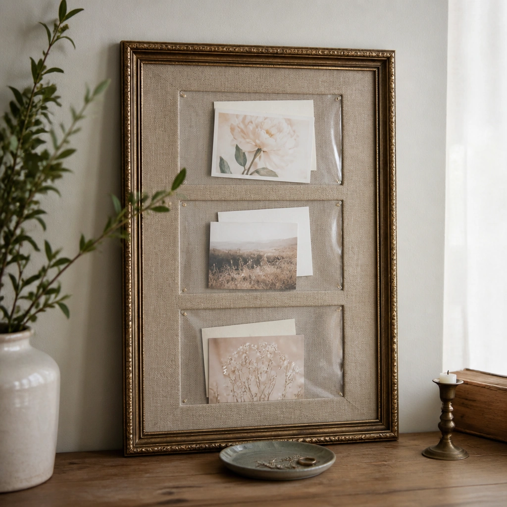 A thrifted picture frame repurposed into a prayer board. Inside are three clear plastic window sections made with clear contact paper, each holding cards visible behind the plastic.