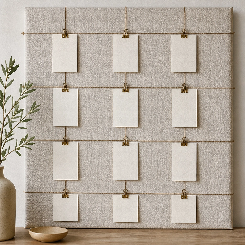 A fabric-covered board with a crisscross twine grid made from thin twine. Small index cards hang from intersections using mini binder clips, creating a tidy checkered look.