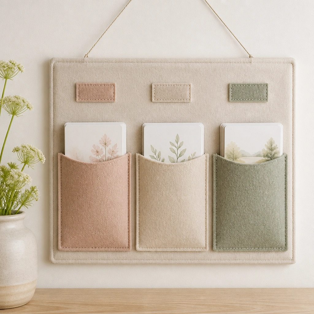 A soft fabric board with three stitched pockets made from felt or canvas. Each pocket holds folded prayer cards, and a small pocket label sits above each section.