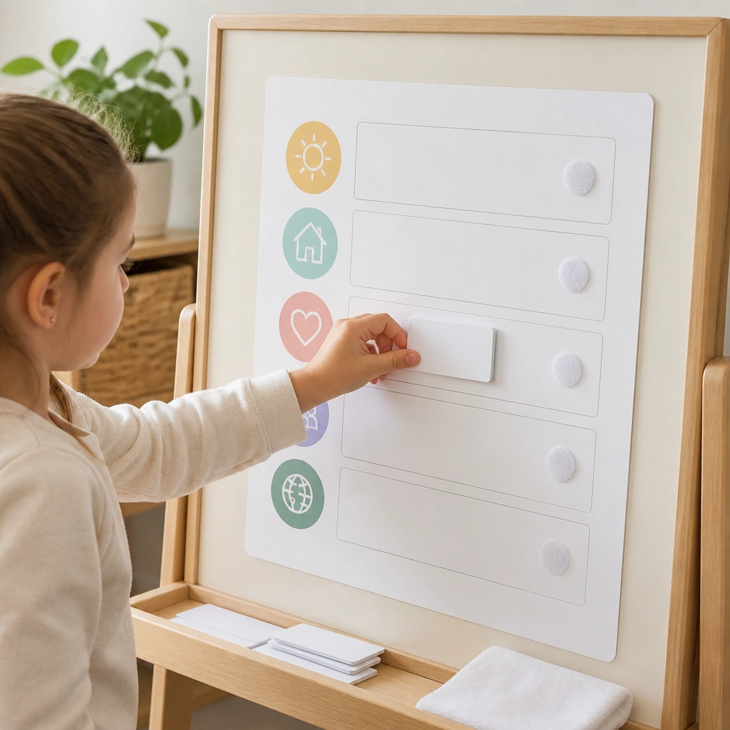 A board with a laminated checklist sheet labeled “Today.” Kids write prayers on small laminated slips attached with Velcro dots and wipe them off with a damp cloth.