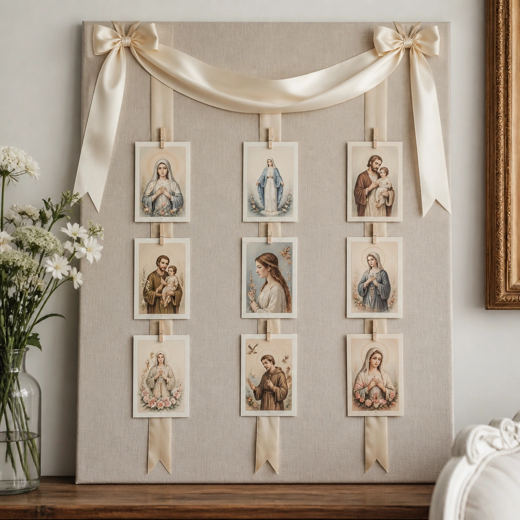 A board with a decorative ribbon banner across the top and 3 vertical ribbons hanging down. Prayer cards are clipped to each vertical ribbon like a mini display line.
