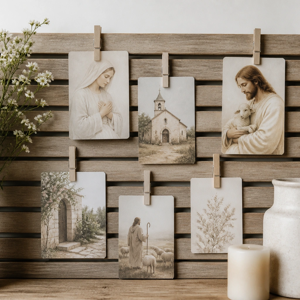 A board covered with thin wood slats running horizontally. Small peg clips attach prayer cards on the slats, creating a rustic, farmhouse style.