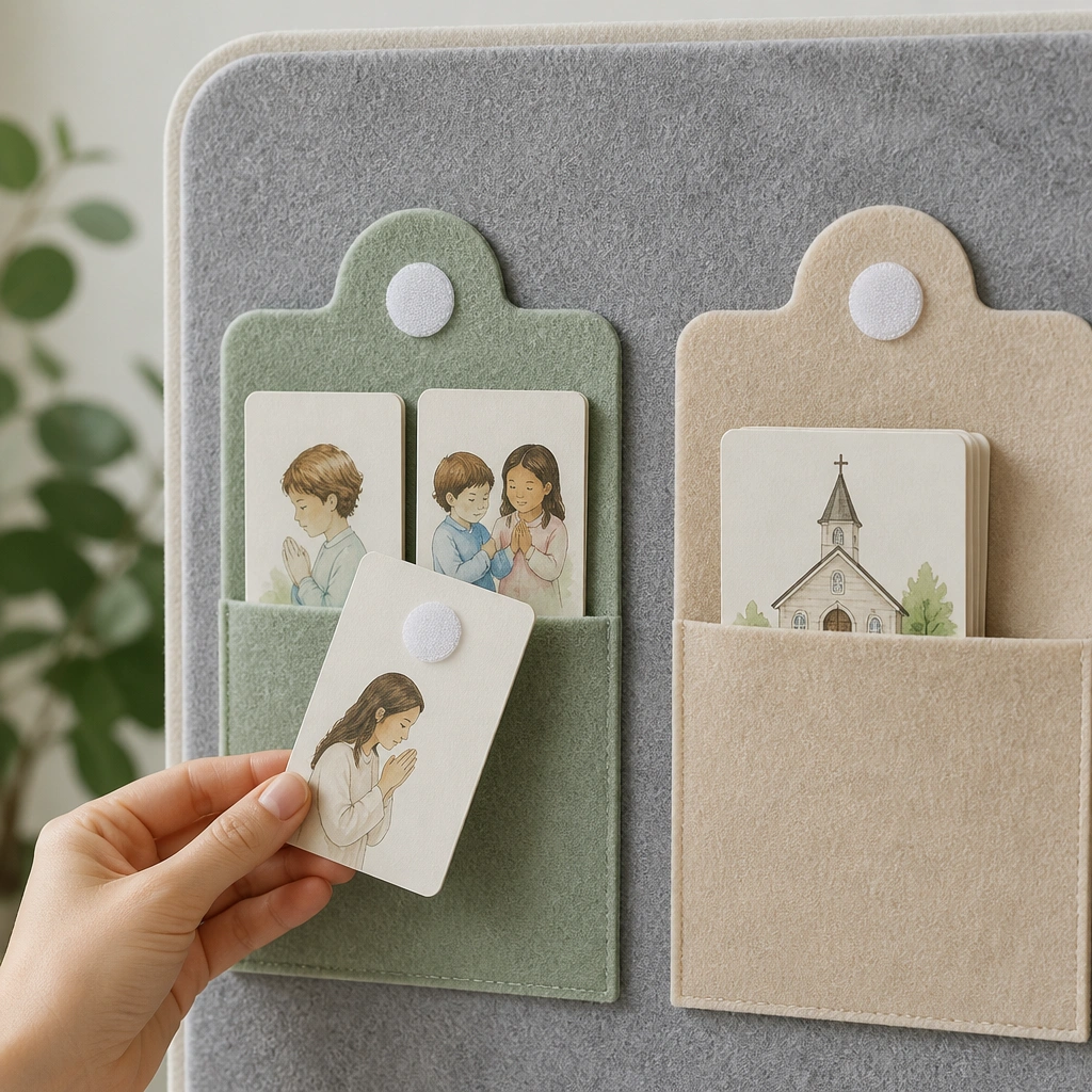 A felt-covered board with soft felt sections. Prayer cards have Velcro dots on the back and stick onto labeled felt tabs reading “This Week” and “Special Requests.”