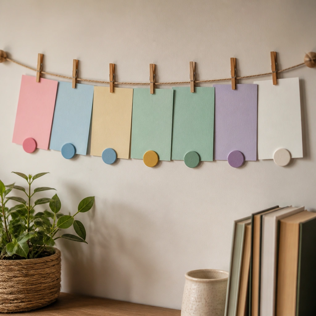 A prayer board where each family member’s prayer cards are a different color. Cards are clipped onto one main line, and small colored circles mark who each prayer belongs to.